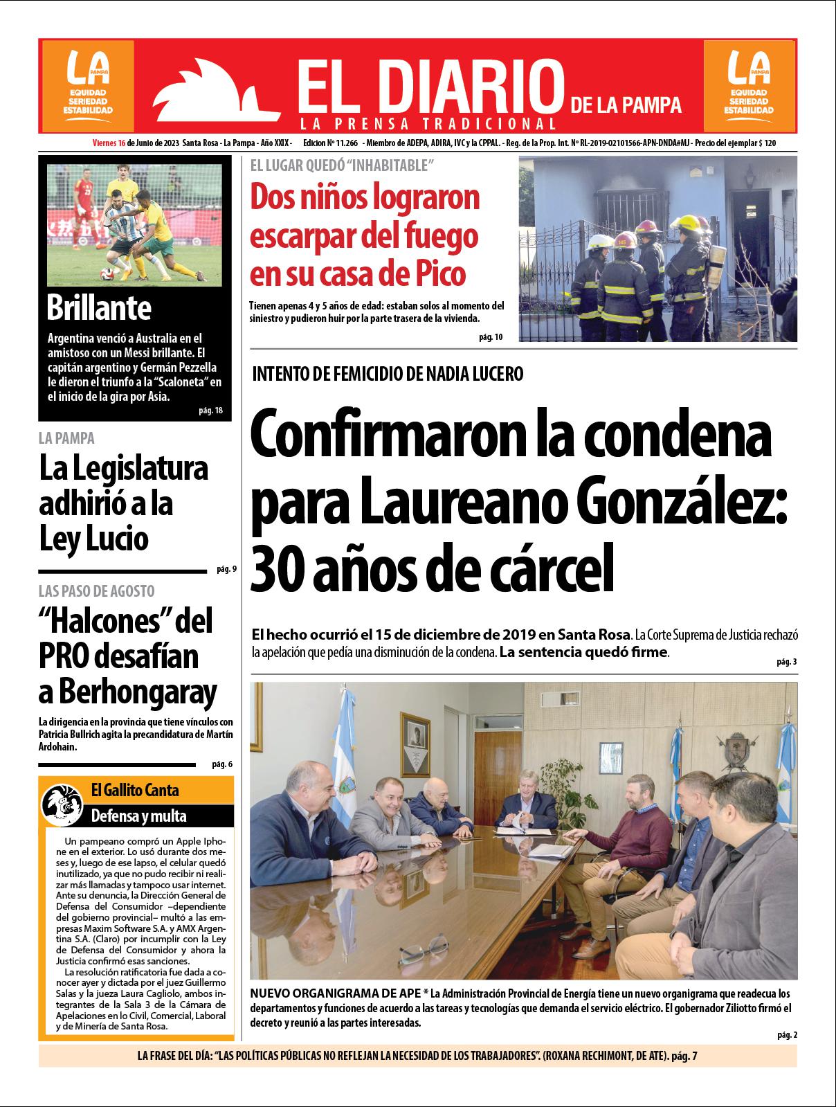 Tapa de El Diario en papel  viernes 16 de junio de 2023